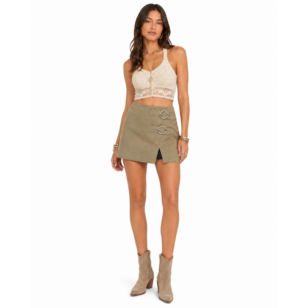 Understated Genuine Leather Suede Mini Skirt Womens XS Double Buckle Zip Up Vent